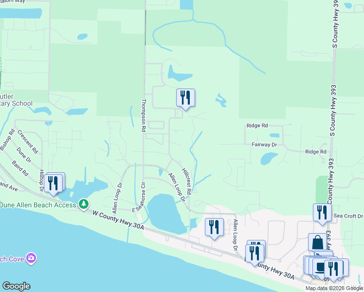 map of restaurants, bars, coffee shops, grocery stores, and more near 38 1st Court in Santa Rosa Beach
