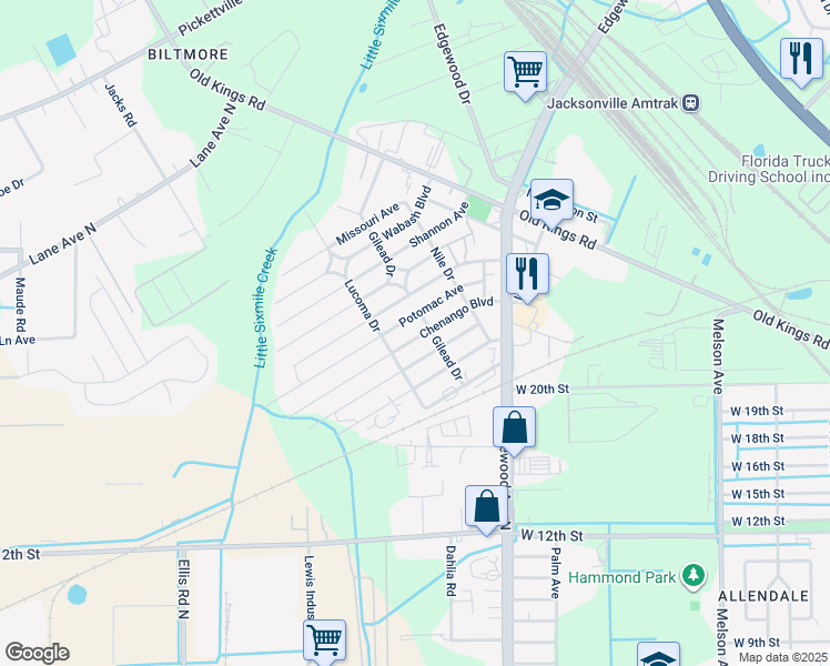 map of restaurants, bars, coffee shops, grocery stores, and more near 5307 Potomac Avenue in Jacksonville