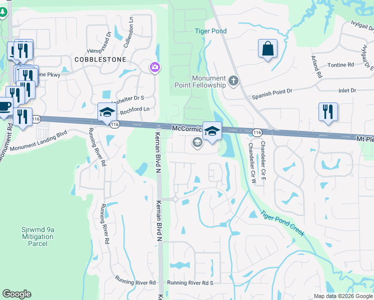map of restaurants, bars, coffee shops, grocery stores, and more near 1827 Carolina Cherry Way in Jacksonville
