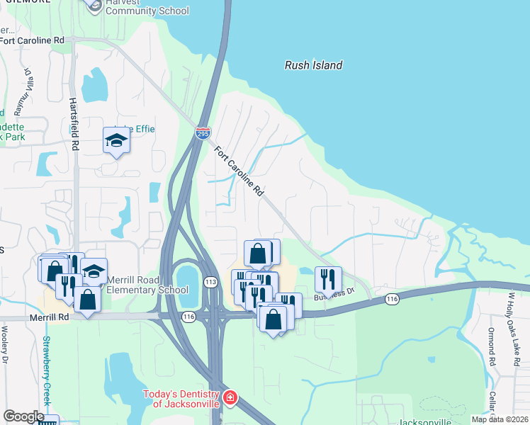 map of restaurants, bars, coffee shops, grocery stores, and more near 9269 Fort Caroline Road in Jacksonville
