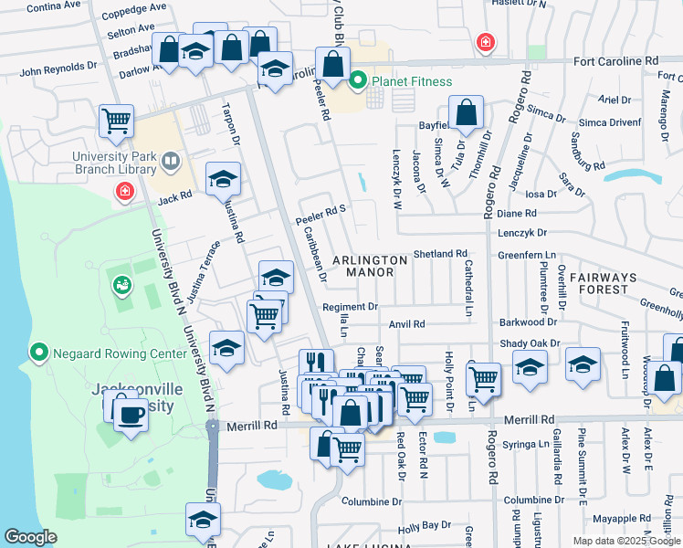 map of restaurants, bars, coffee shops, grocery stores, and more near 3212 El Morro Drive East in Jacksonville