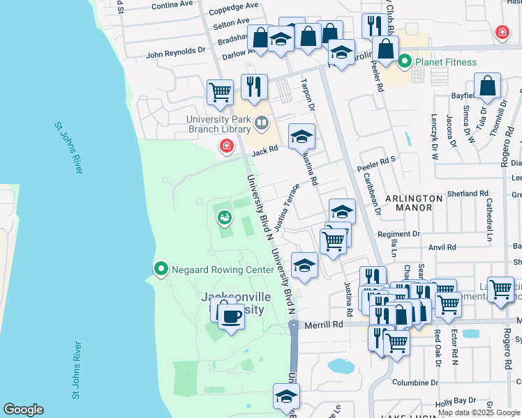 map of restaurants, bars, coffee shops, grocery stores, and more near 3291 3291-7 University Ap in Jacksonville