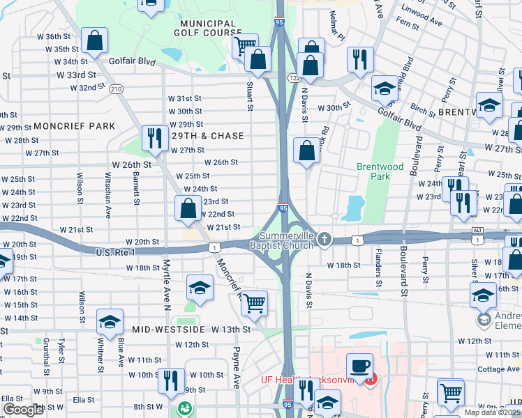 map of restaurants, bars, coffee shops, grocery stores, and more near 1055 West 23rd Street in Jacksonville