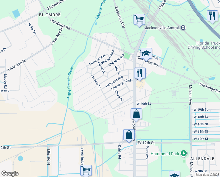 map of restaurants, bars, coffee shops, grocery stores, and more near 5307 Potomac Avenue in Jacksonville