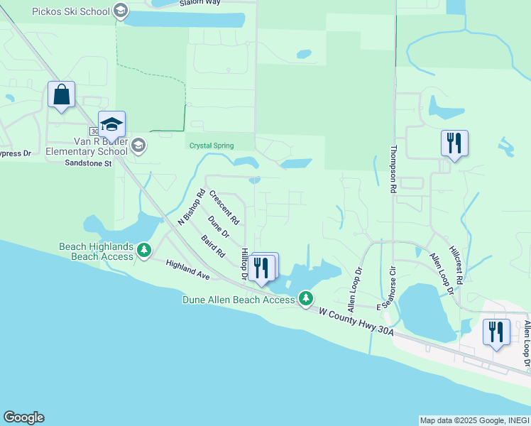 map of restaurants, bars, coffee shops, grocery stores, and more near 302 Hilltop Drive in Santa Rosa Beach