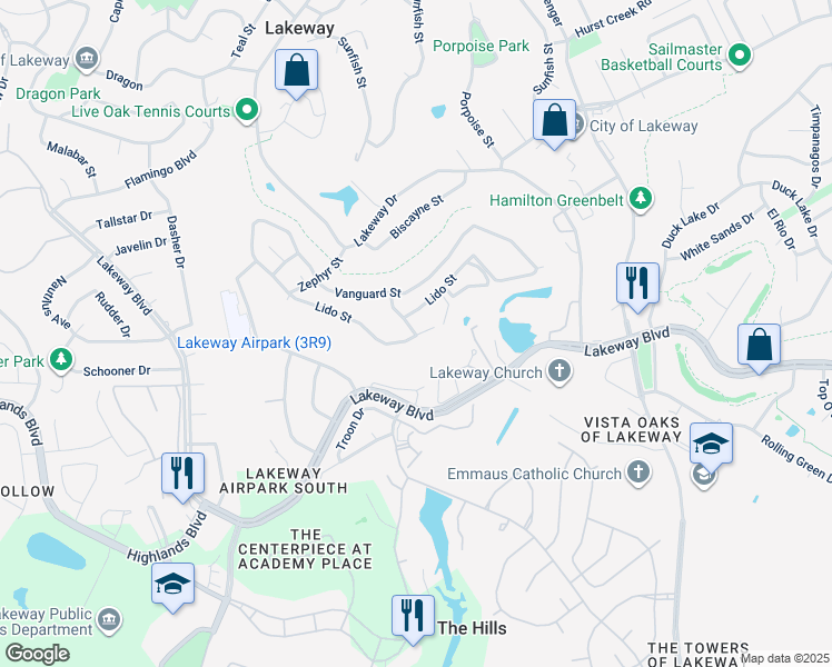 map of restaurants, bars, coffee shops, grocery stores, and more near 104 Kite Street in Lakeway
