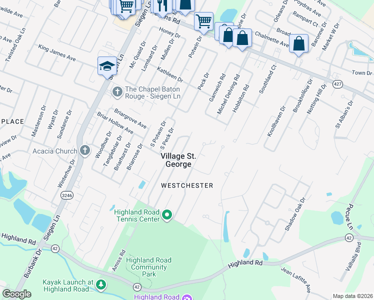 map of restaurants, bars, coffee shops, grocery stores, and more near 1512 Bullrush Drive in Baton Rouge