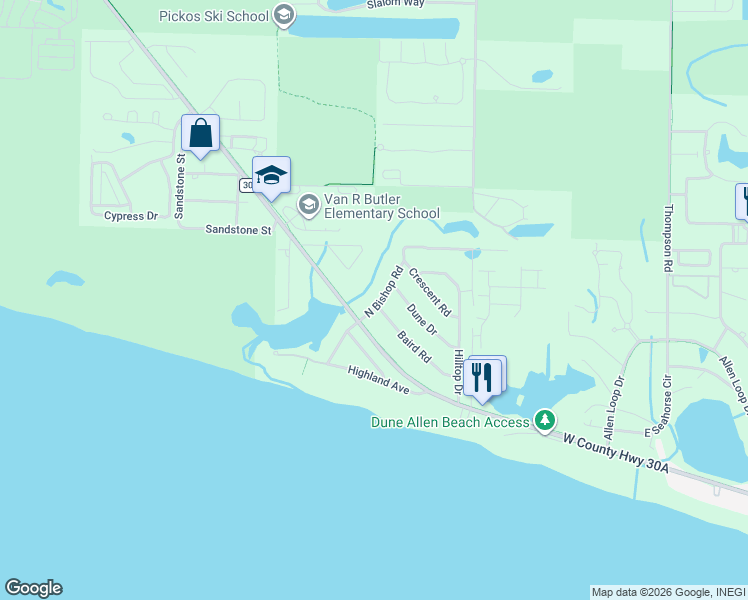map of restaurants, bars, coffee shops, grocery stores, and more near 105 North Bishop Road in Santa Rosa Beach