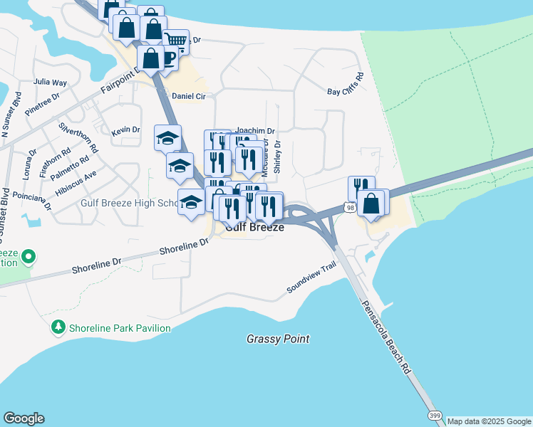 map of restaurants, bars, coffee shops, grocery stores, and more near 64 McClure Drive in Gulf Breeze