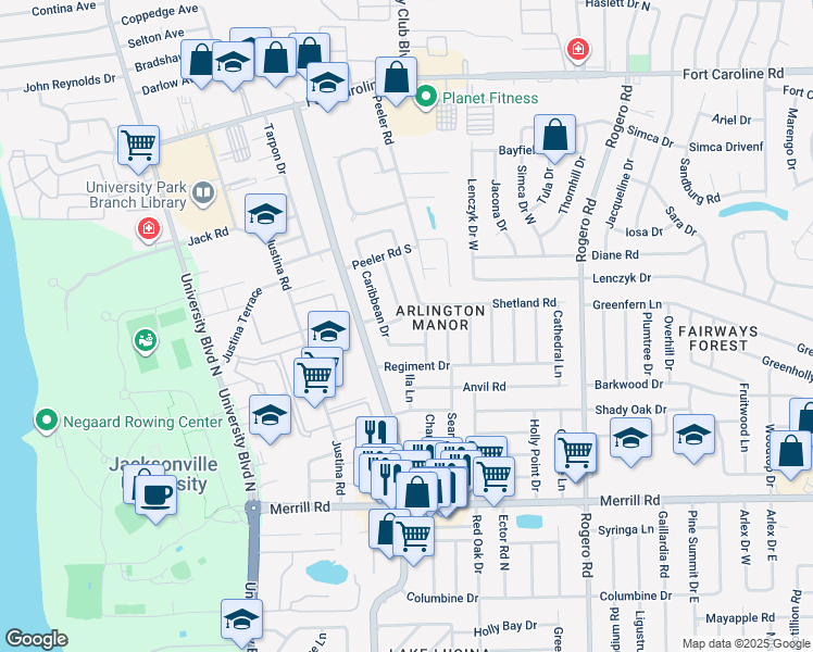 map of restaurants, bars, coffee shops, grocery stores, and more near 3212 El Morro Drive East in Jacksonville