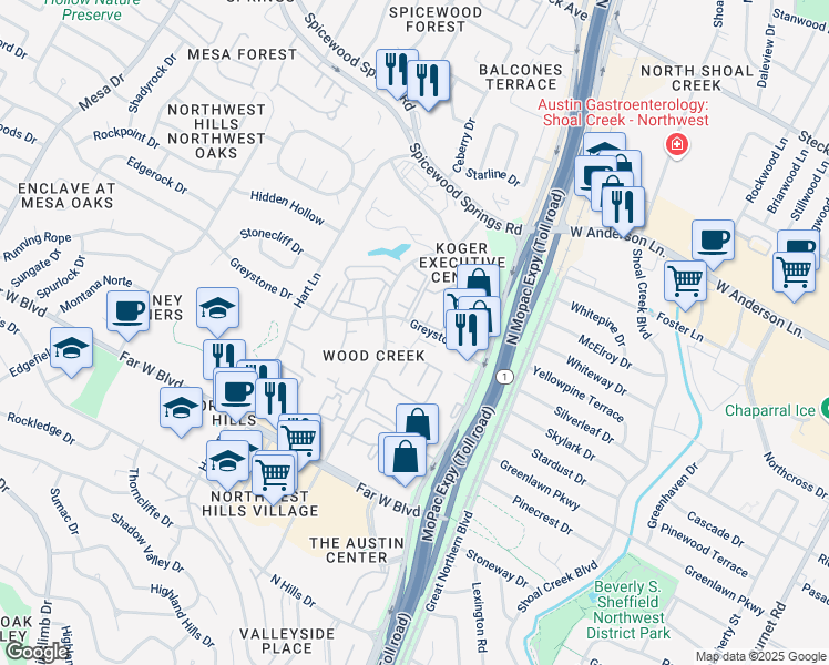 map of restaurants, bars, coffee shops, grocery stores, and more near 3501 Greystone Drive in Austin