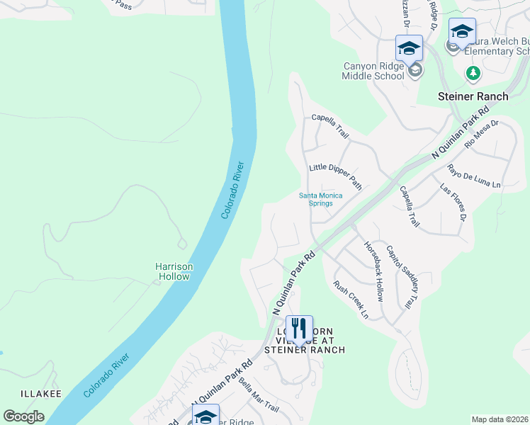 map of restaurants, bars, coffee shops, grocery stores, and more near 1112 Lakewood Hills Terrace in Austin