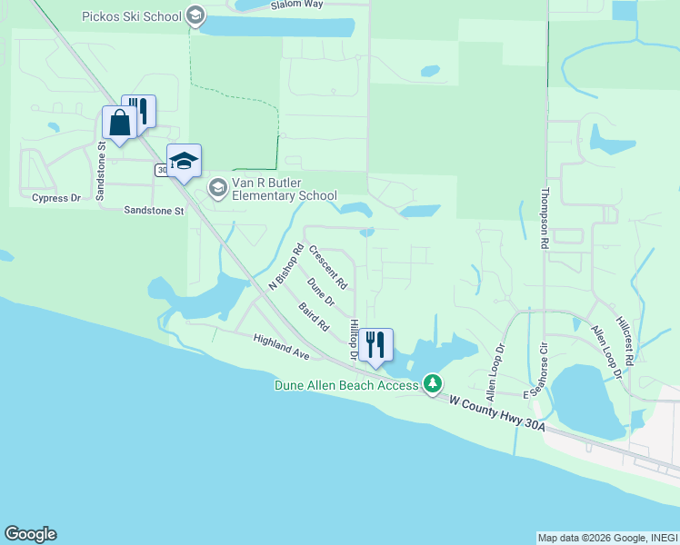 map of restaurants, bars, coffee shops, grocery stores, and more near 369 Hilltop Drive in Santa Rosa Beach