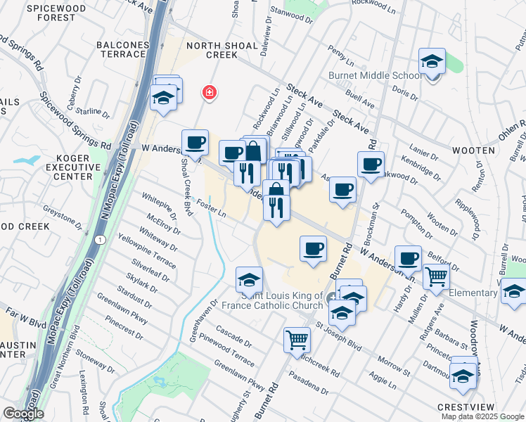 map of restaurants, bars, coffee shops, grocery stores, and more near 2691 West Anderson Lane in Austin