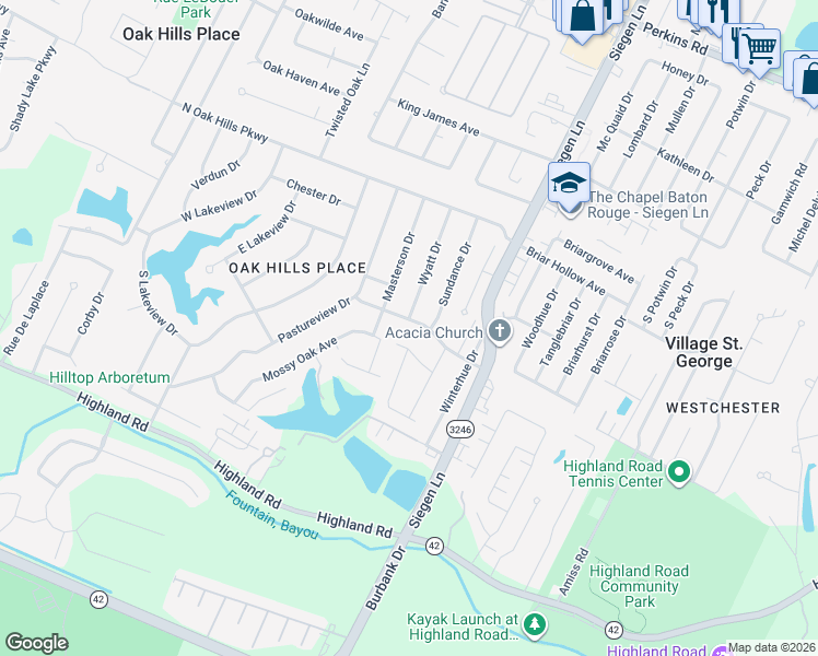 map of restaurants, bars, coffee shops, grocery stores, and more near 920 Wyatt Drive in Baton Rouge
