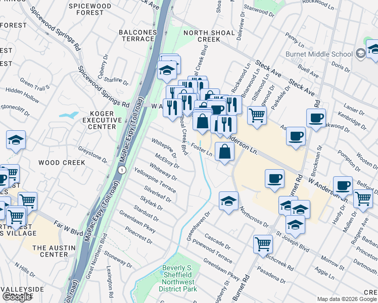 map of restaurants, bars, coffee shops, grocery stores, and more near 7711 Shoal Creek Boulevard in Austin