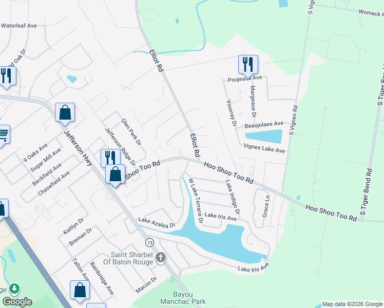 map of restaurants, bars, coffee shops, grocery stores, and more near 10120 Elliot Road in Baton Rouge