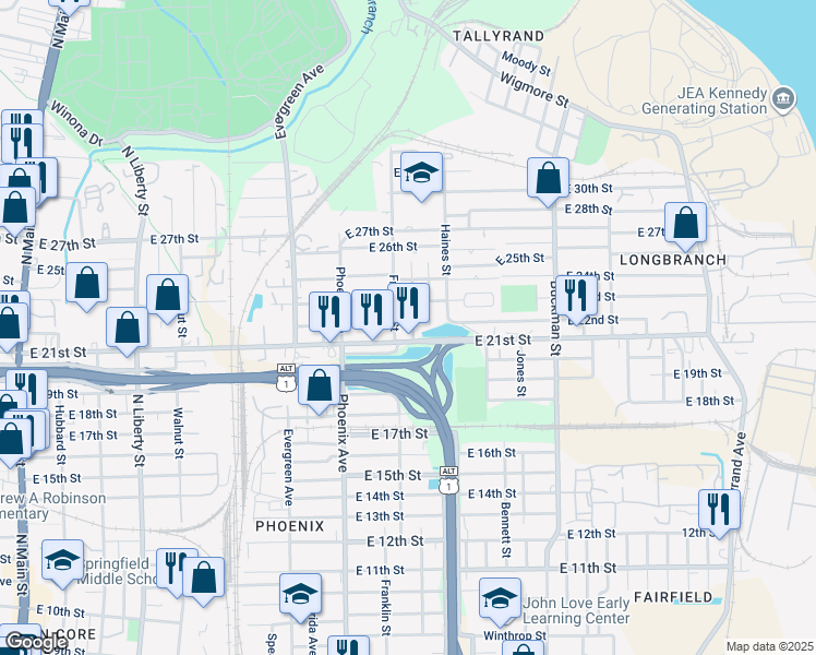 map of restaurants, bars, coffee shops, grocery stores, and more near 3215 Franklin Street in Jacksonville
