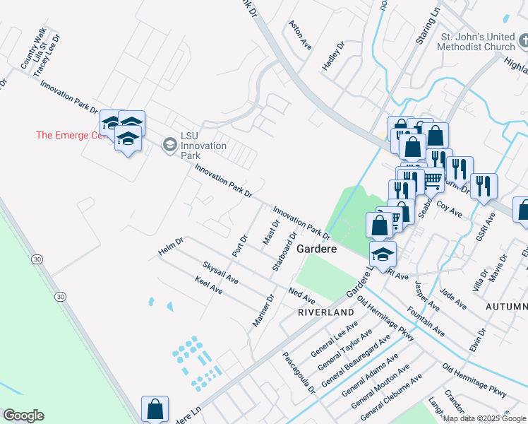 map of restaurants, bars, coffee shops, grocery stores, and more near 8192 Innovation Park Drive in Baton Rouge