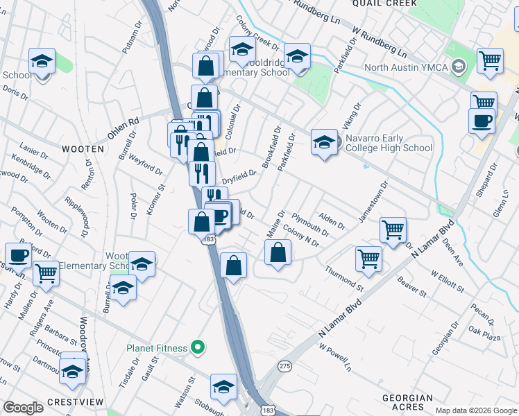 map of restaurants, bars, coffee shops, grocery stores, and more near 1305 Larkspur Road in Austin