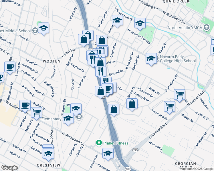 map of restaurants, bars, coffee shops, grocery stores, and more near 8501 Brookfield Drive in Austin