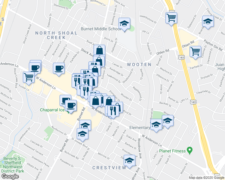 map of restaurants, bars, coffee shops, grocery stores, and more near 2100 Wooten Drive in Austin
