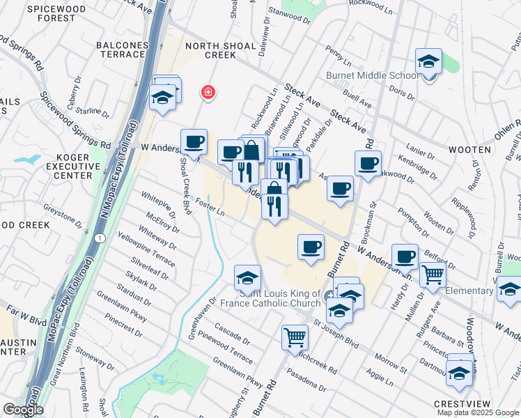 map of restaurants, bars, coffee shops, grocery stores, and more near 2691 West Anderson Lane in Austin