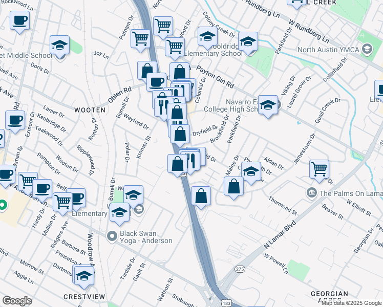 map of restaurants, bars, coffee shops, grocery stores, and more near 8400 Beech Drive in Austin