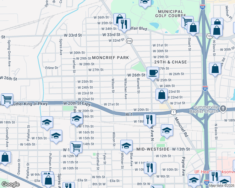 map of restaurants, bars, coffee shops, grocery stores, and more near 1532 West 24th Street in Jacksonville