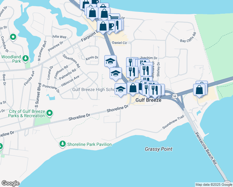 map of restaurants, bars, coffee shops, grocery stores, and more near 675 Gulf Breeze Parkway in Gulf Breeze
