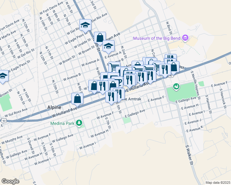 map of restaurants, bars, coffee shops, grocery stores, and more near in Alpine