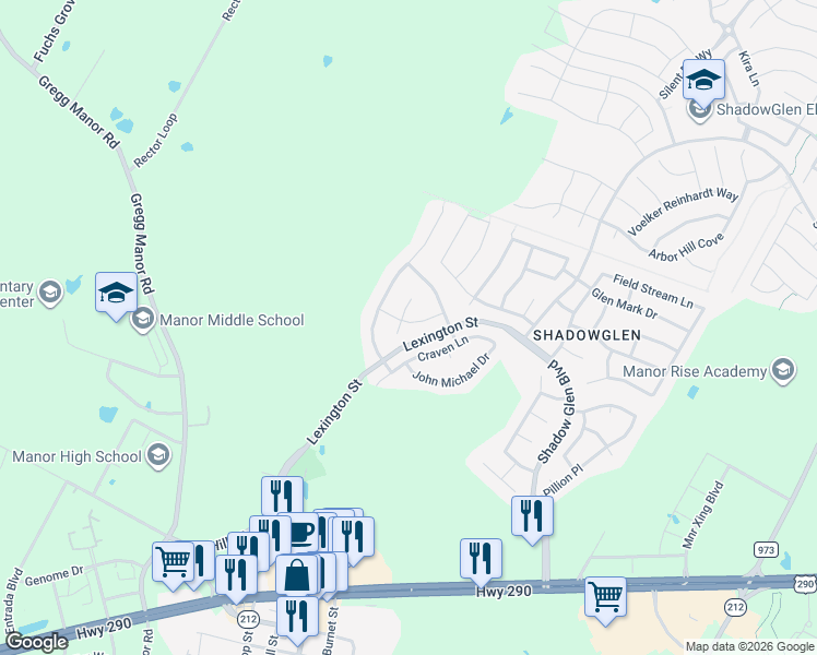 map of restaurants, bars, coffee shops, grocery stores, and more near 16801 Rakesh Way in Manor