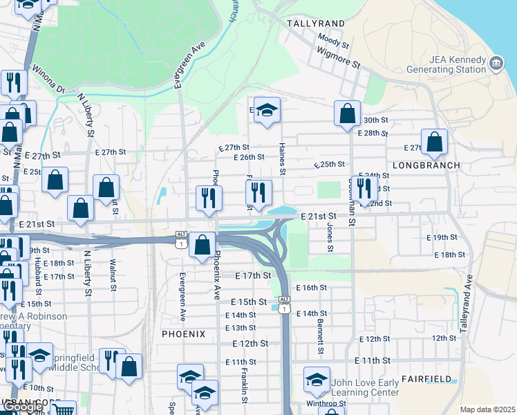 map of restaurants, bars, coffee shops, grocery stores, and more near 3215 Franklin Street in Jacksonville