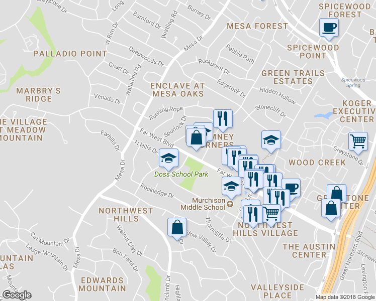 map of restaurants, bars, coffee shops, grocery stores, and more near 3966 Far West Boulevard in Austin