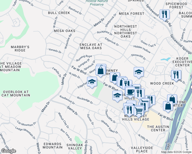 map of restaurants, bars, coffee shops, grocery stores, and more near 3956 Far West Boulevard in Austin