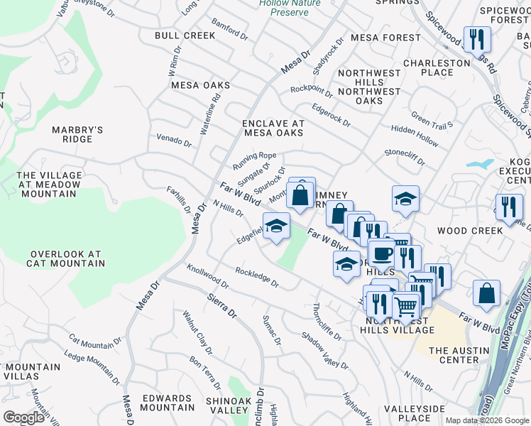 map of restaurants, bars, coffee shops, grocery stores, and more near 3931 Far West Boulevard in Austin