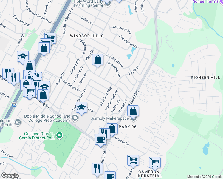 map of restaurants, bars, coffee shops, grocery stores, and more near 9840 Childress Drive in Austin