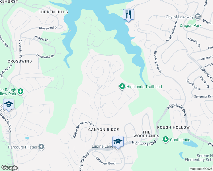 map of restaurants, bars, coffee shops, grocery stores, and more near 308 Rustling Wake Cove in Austin