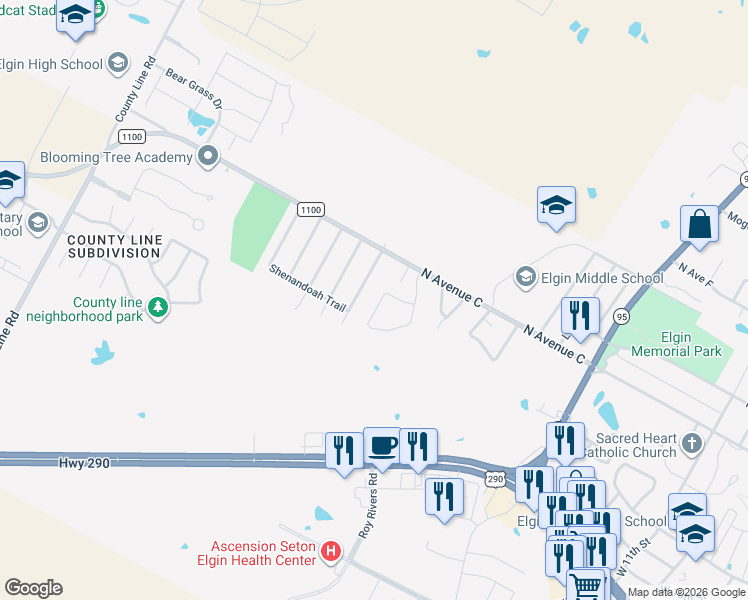 map of restaurants, bars, coffee shops, grocery stores, and more near 119 Wilderness Trail in Elgin