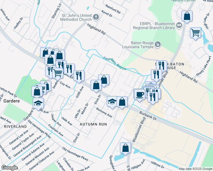 map of restaurants, bars, coffee shops, grocery stores, and more near 9951-9987 Burbank Drive in Baton Rouge