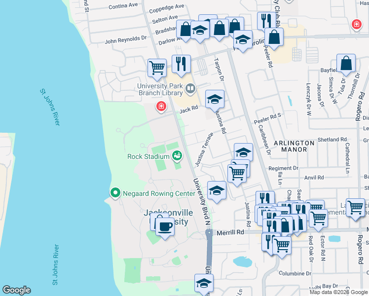 map of restaurants, bars, coffee shops, grocery stores, and more near 3291 3291-7 University Ap in Jacksonville