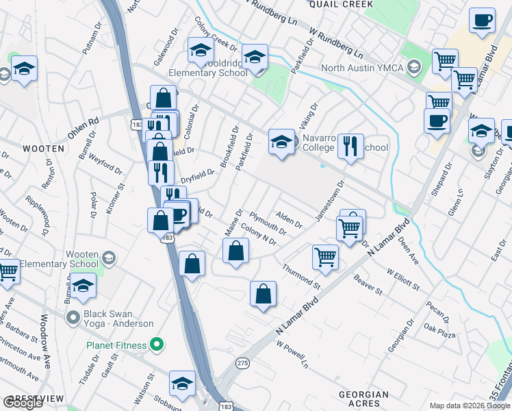 map of restaurants, bars, coffee shops, grocery stores, and more near 8521 Maine Drive in Austin