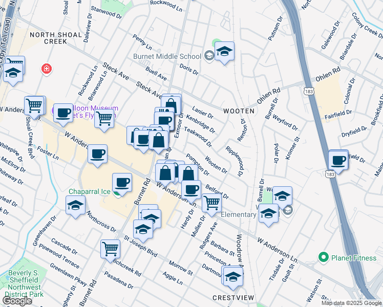 map of restaurants, bars, coffee shops, grocery stores, and more near 8020 Falmouth Drive in Austin