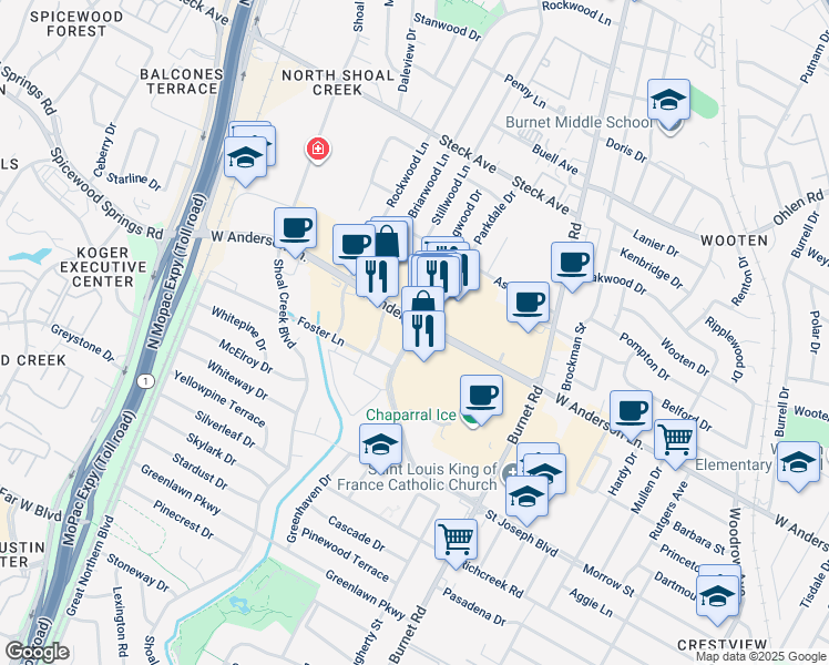 map of restaurants, bars, coffee shops, grocery stores, and more near 2691 West Anderson Lane in Austin