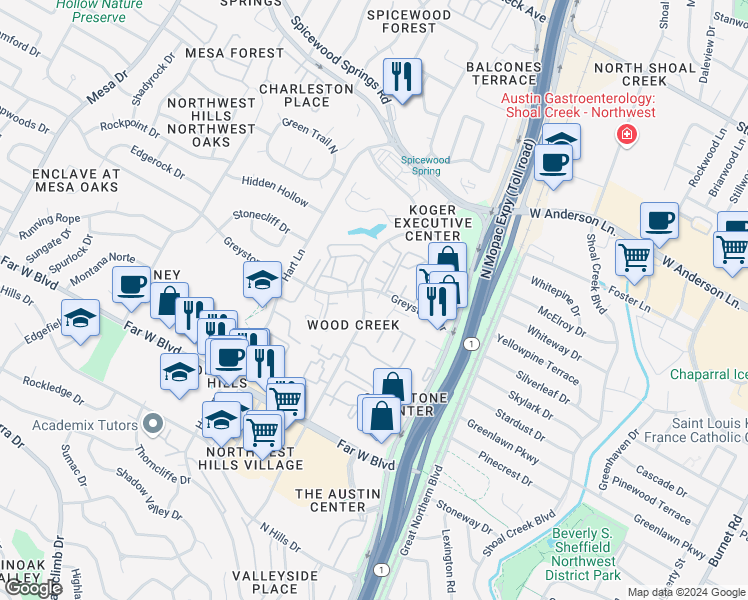 map of restaurants, bars, coffee shops, grocery stores, and more near in Austin