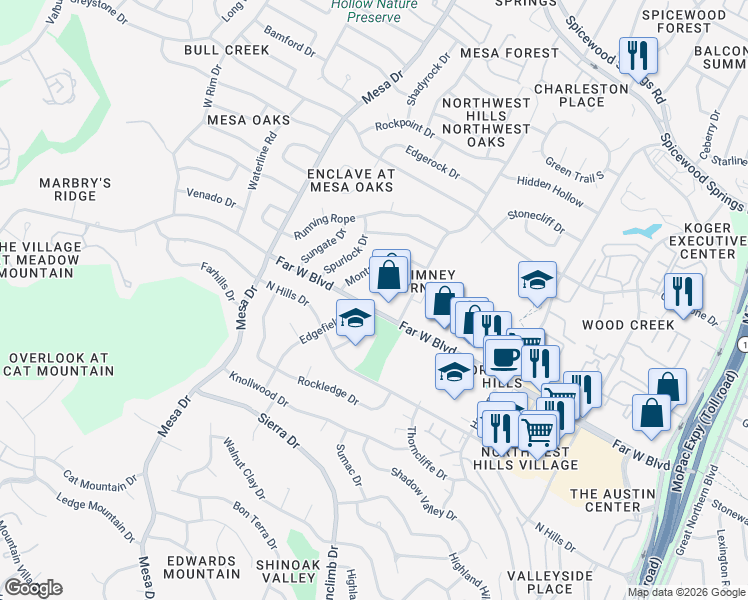 map of restaurants, bars, coffee shops, grocery stores, and more near 3956 Far West Boulevard in Austin