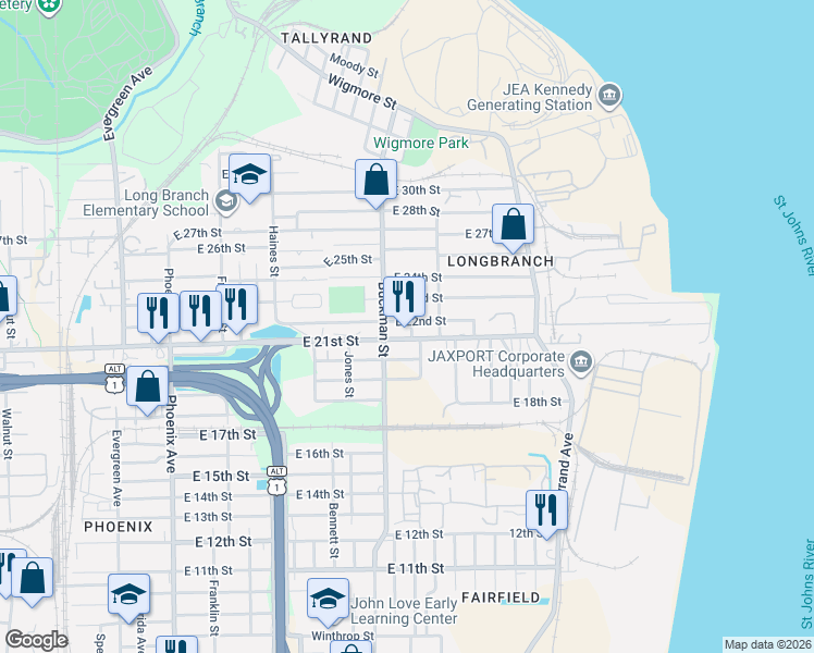 map of restaurants, bars, coffee shops, grocery stores, and more near 1757 East 22nd Street in Jacksonville