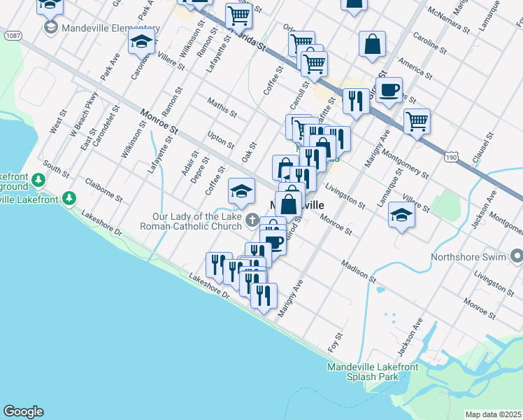 map of restaurants, bars, coffee shops, grocery stores, and more near 402 Lafitte Street in Mandeville