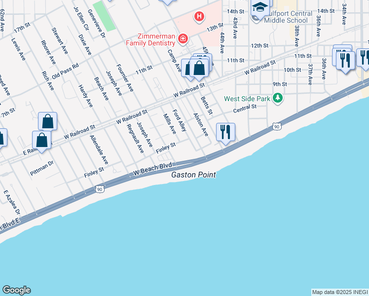 map of restaurants, bars, coffee shops, grocery stores, and more near 4511 Finley St in Gulfport