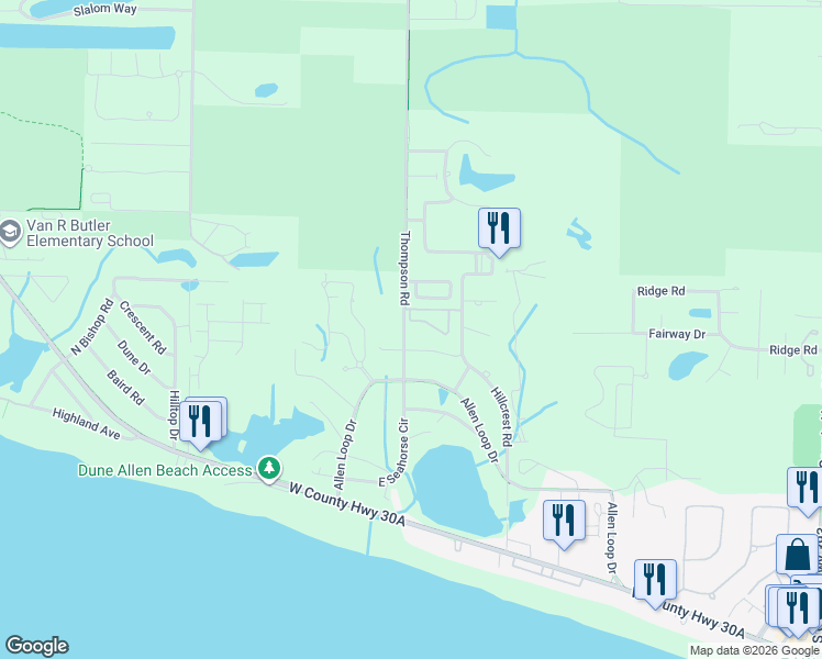 map of restaurants, bars, coffee shops, grocery stores, and more near 53 Courtyard Circle in Santa Rosa Beach